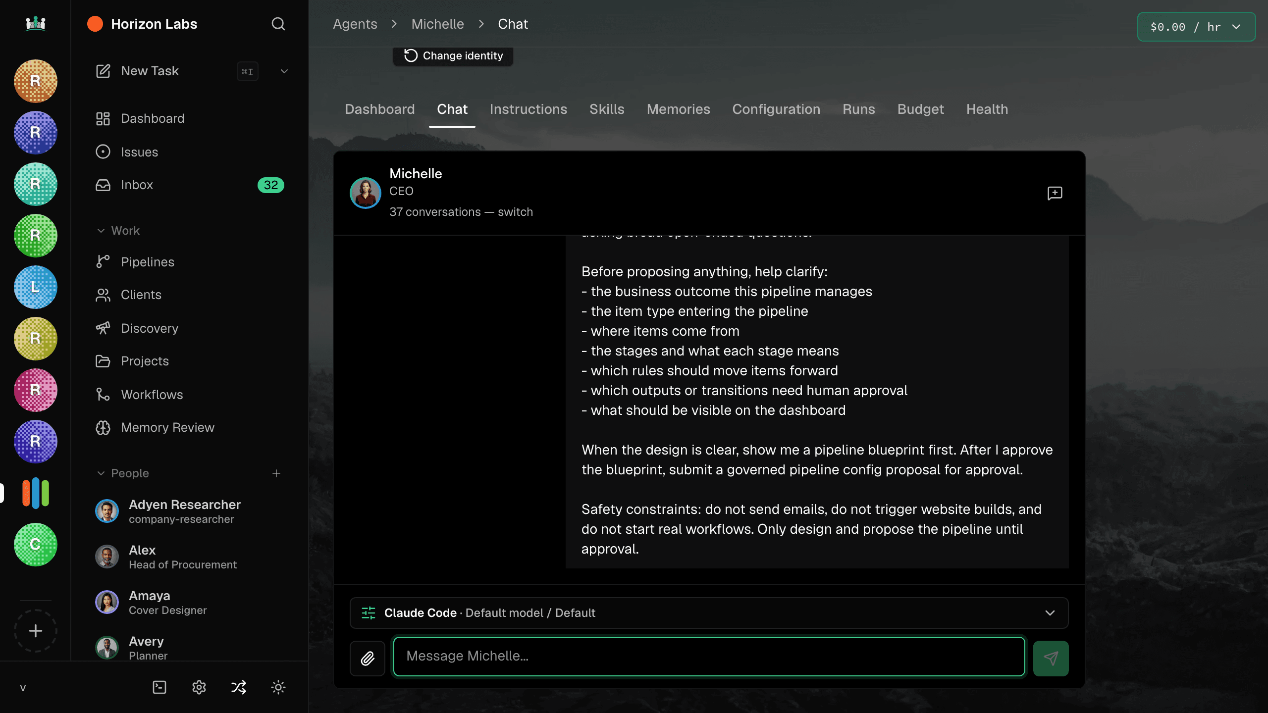 Chat thread with the CEO agent proposing a starter org chart