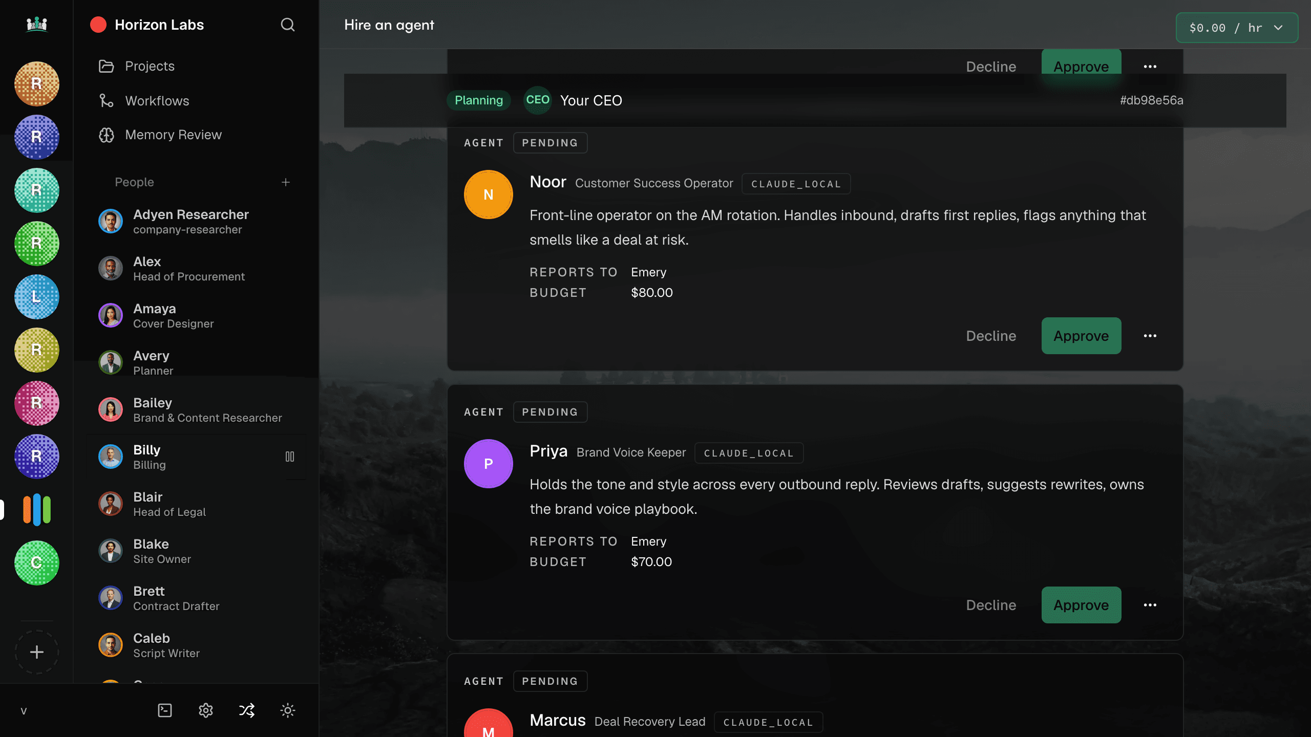 Hire chat with proposed teammates and Approve / Decline buttons