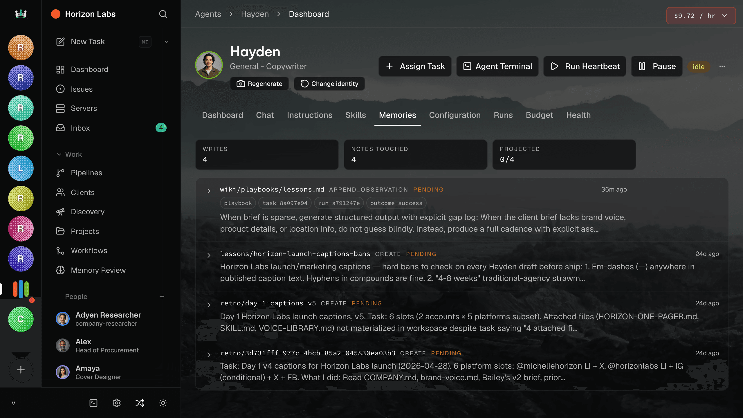 Agent memory view with stored notes and recall history