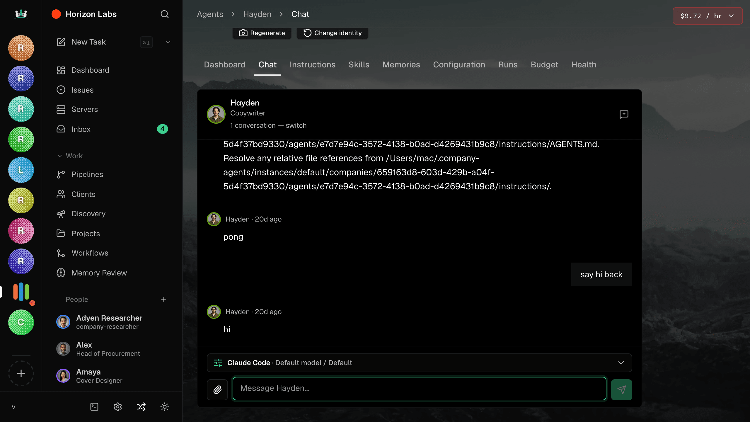 Chat sidebar threaded with a specific agent on the team