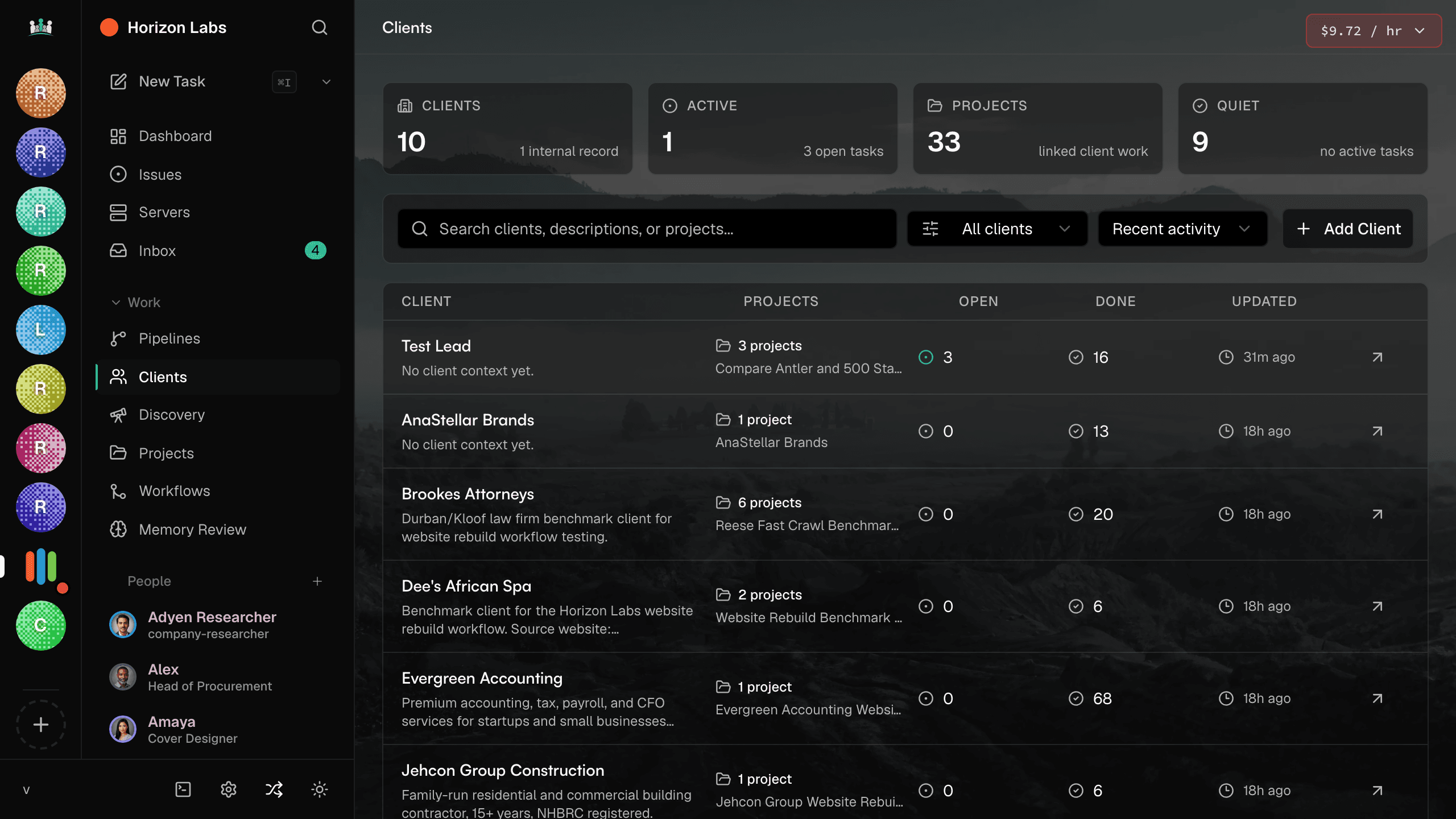 Clients list with engagement summaries and current scope