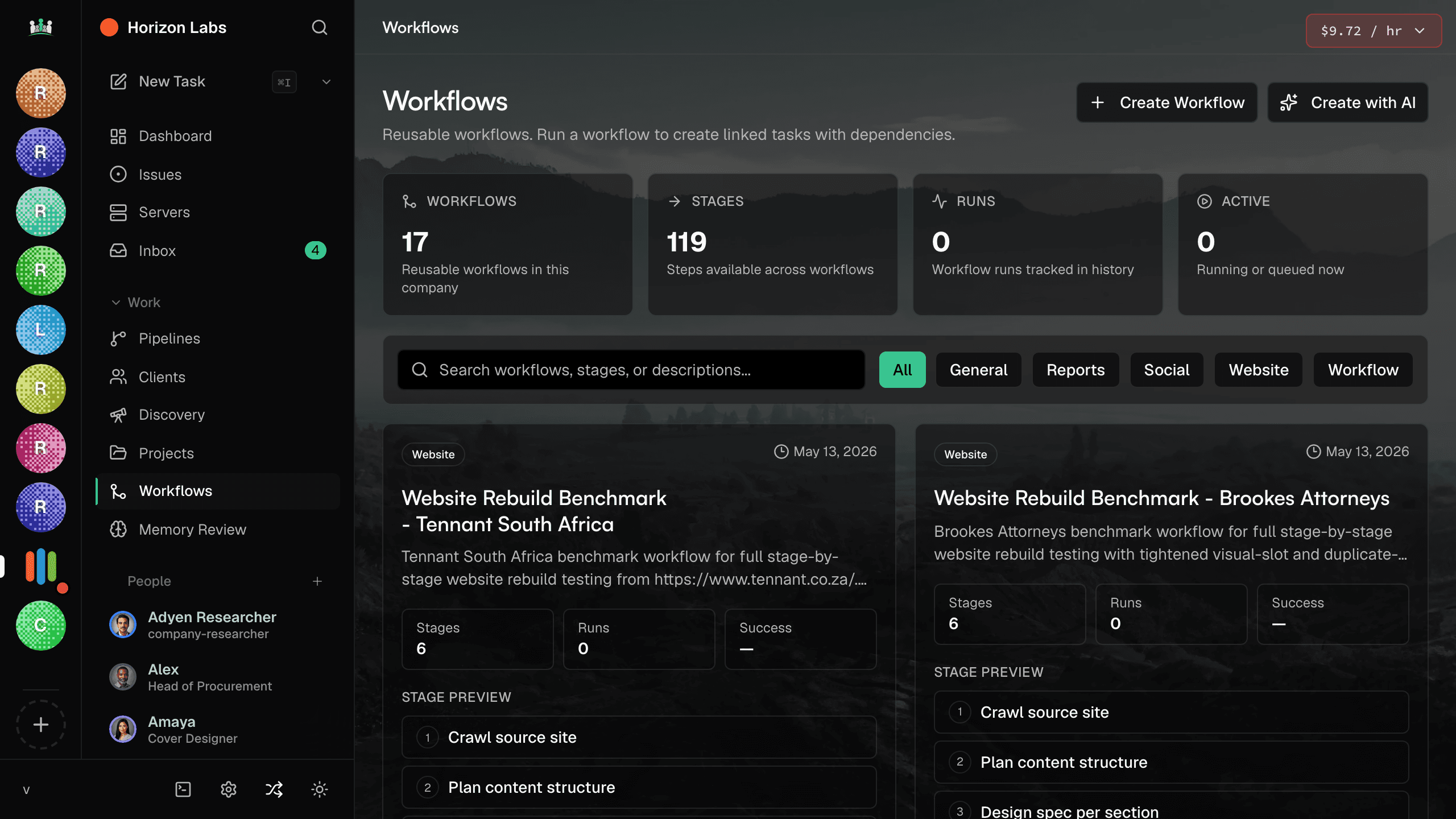 Workflows list with stages, runs, and reusable templates