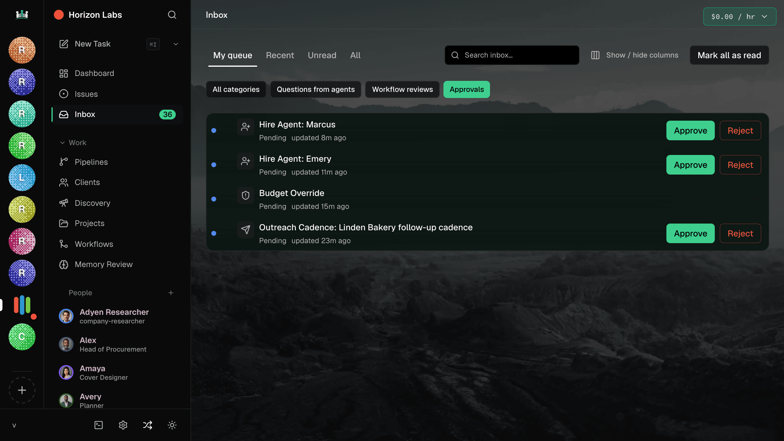 Inbox view showing pending items with Approve and Reject buttons