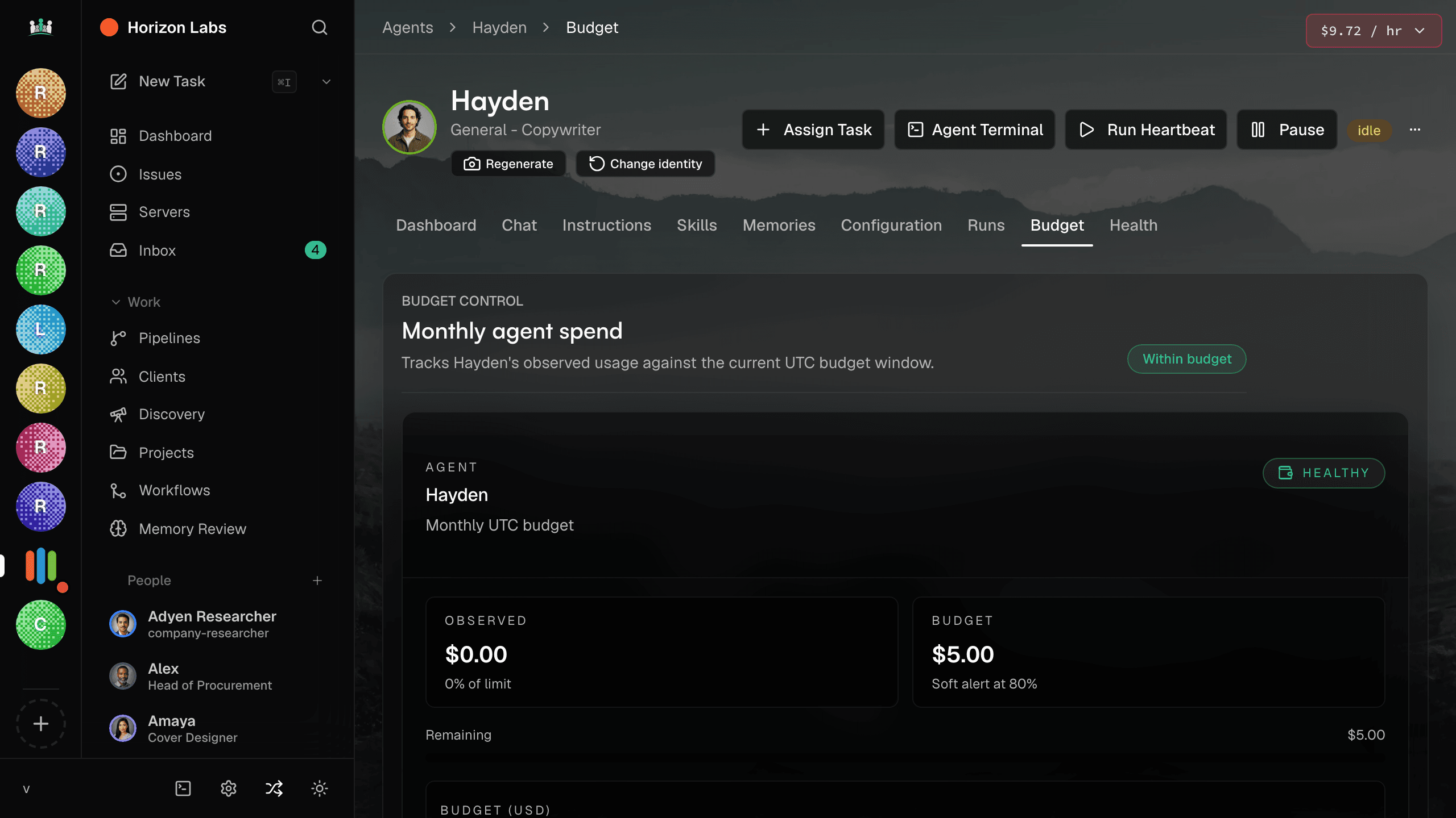 Agent budget panel with caps, spend, and safety controls